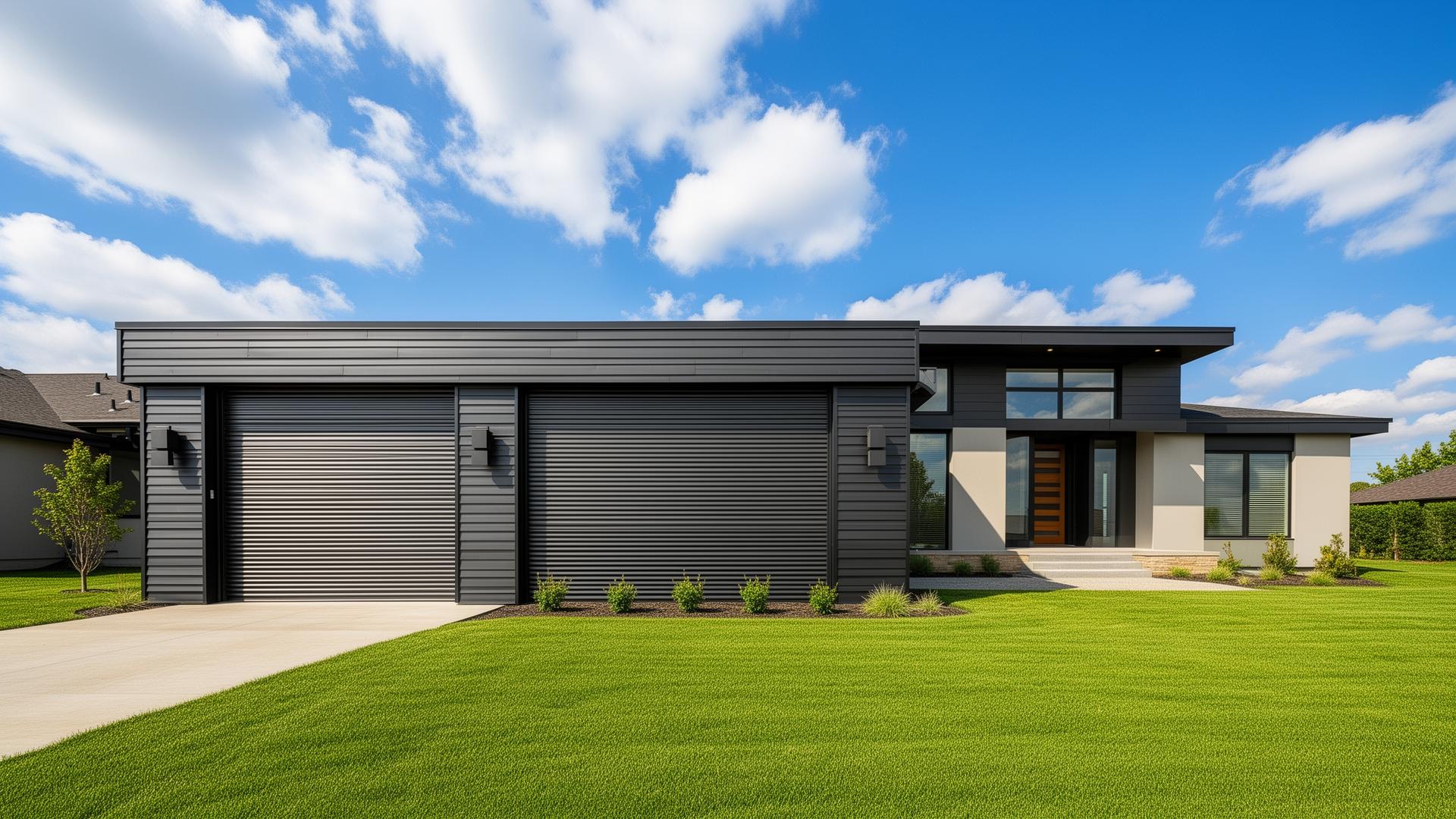 Modern prairie style home with professional industrial ribbed steel garage doors in South Windsor CT